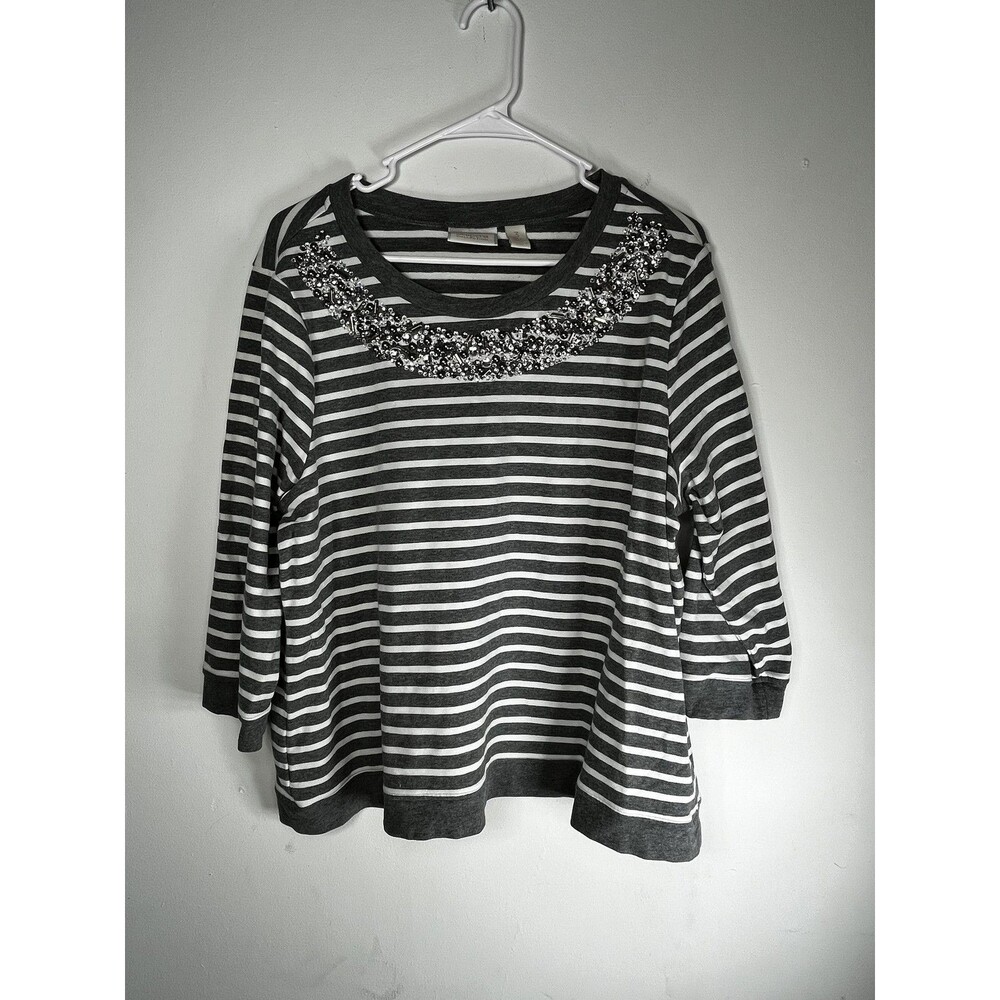 Chico's Shirt Womens 3 Gray Stripe Beaded Rhinestone Scoop Neck 3/4 Sleeve Top